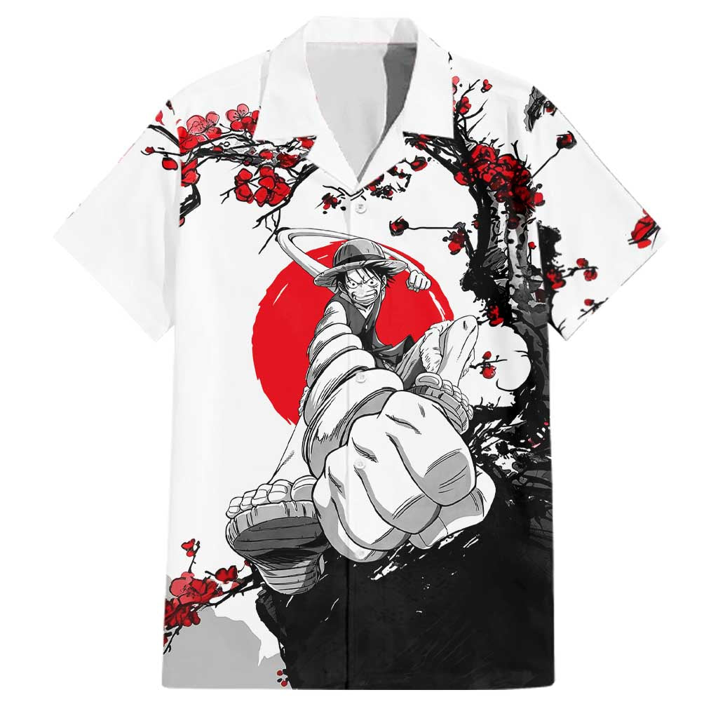 Luffy Gear 3 One Piece Anime White and Red Japanese Art Style Family Matching Off The Shoulder Long Sleeve Dress and Hawaiian Shirt with Cherry Blossom Tree and Straw Hat Pirates Jolly Roger