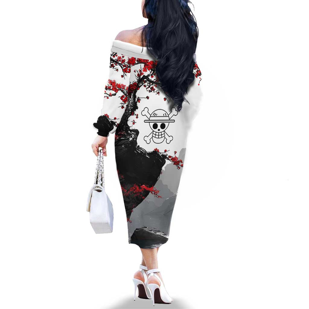 Luffy Gear 3 One Piece Anime White and Red Japanese Art Style Family Matching Off The Shoulder Long Sleeve Dress and Hawaiian Shirt with Cherry Blossom Tree and Straw Hat Pirates Jolly Roger