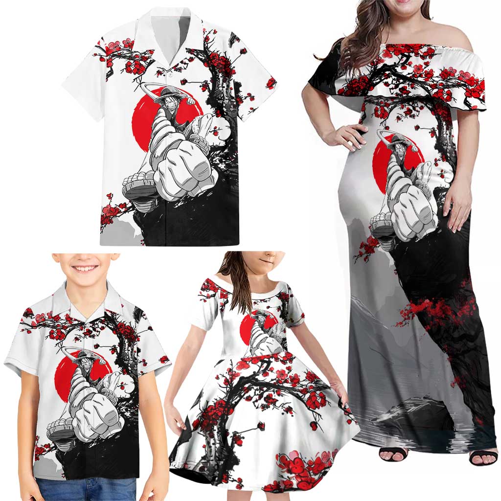 Luffy Gear 3 One Piece Anime White and Red Japanese Art Style Family Matching Off Shoulder Maxi Dress and Hawaiian Shirt with Cherry Blossom Tree and Straw Hat Pirates Jolly Roger