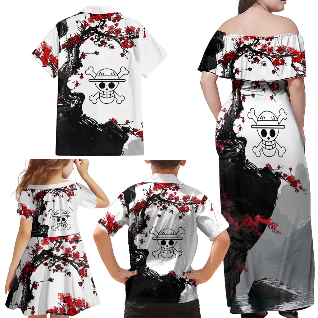Luffy Gear 3 One Piece Anime White and Red Japanese Art Style Family Matching Off Shoulder Maxi Dress and Hawaiian Shirt with Cherry Blossom Tree and Straw Hat Pirates Jolly Roger