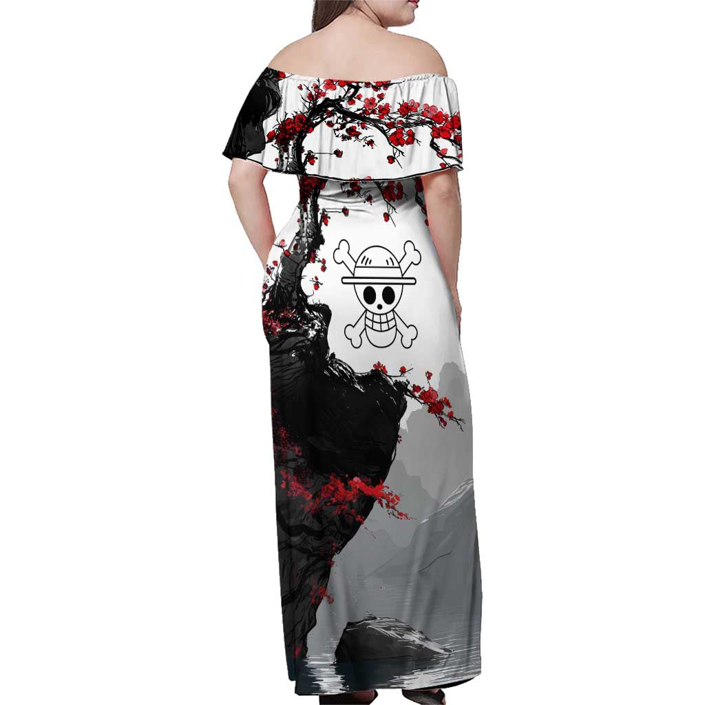 Luffy Gear 3 One Piece Anime White and Red Japanese Art Style Family Matching Off Shoulder Maxi Dress and Hawaiian Shirt with Cherry Blossom Tree and Straw Hat Pirates Jolly Roger