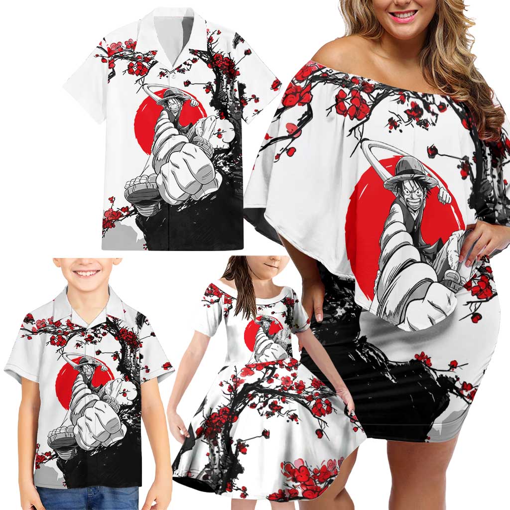 Luffy Gear 3 One Piece Anime White and Red Japanese Art Style Family Matching Off Shoulder Short Dress and Hawaiian Shirt with Cherry Blossom Tree and Straw Hat Pirates Jolly Roger