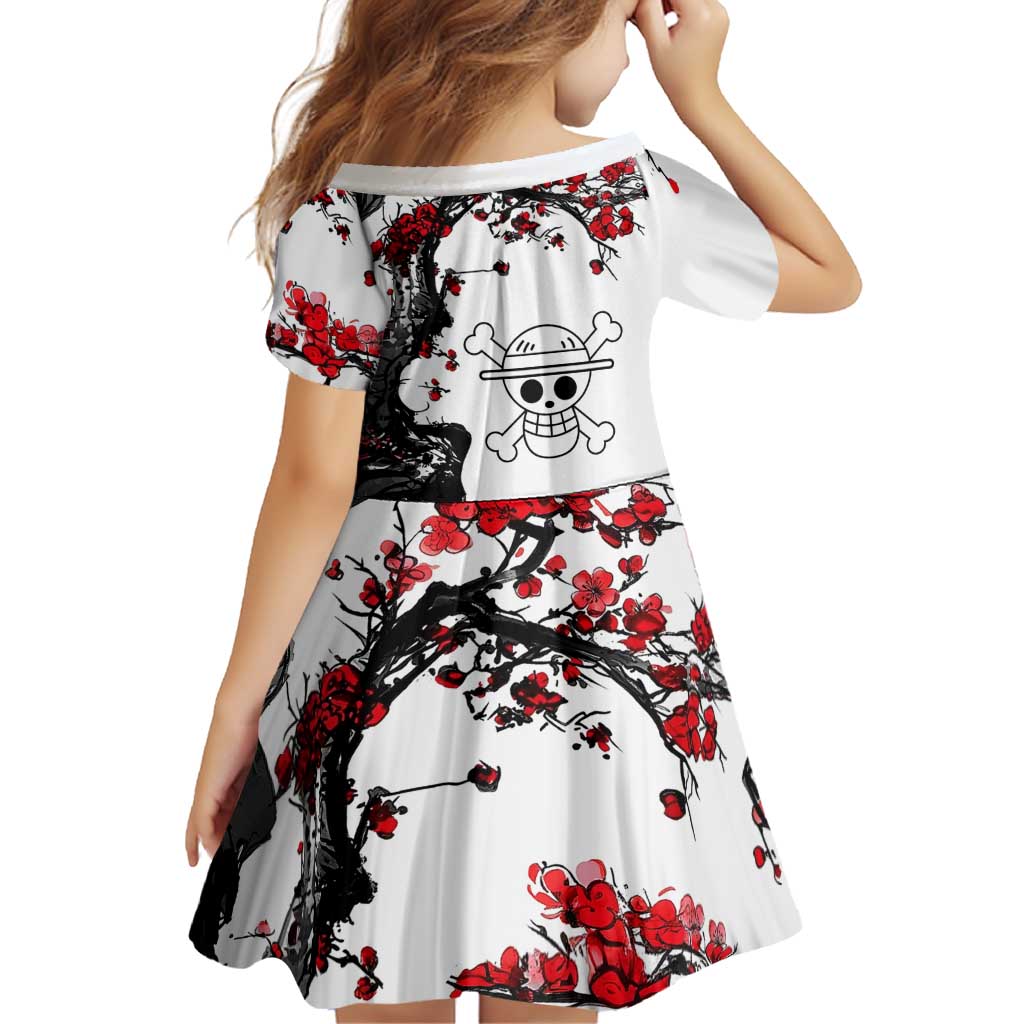 Luffy Gear 3 One Piece Anime White and Red Japanese Art Style Family Matching Off Shoulder Short Dress and Hawaiian Shirt with Cherry Blossom Tree and Straw Hat Pirates Jolly Roger