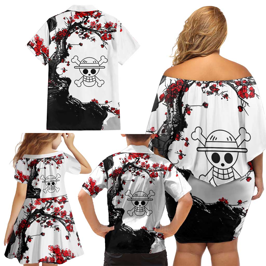 Luffy Gear 3 One Piece Anime White and Red Japanese Art Style Family Matching Off Shoulder Short Dress and Hawaiian Shirt with Cherry Blossom Tree and Straw Hat Pirates Jolly Roger