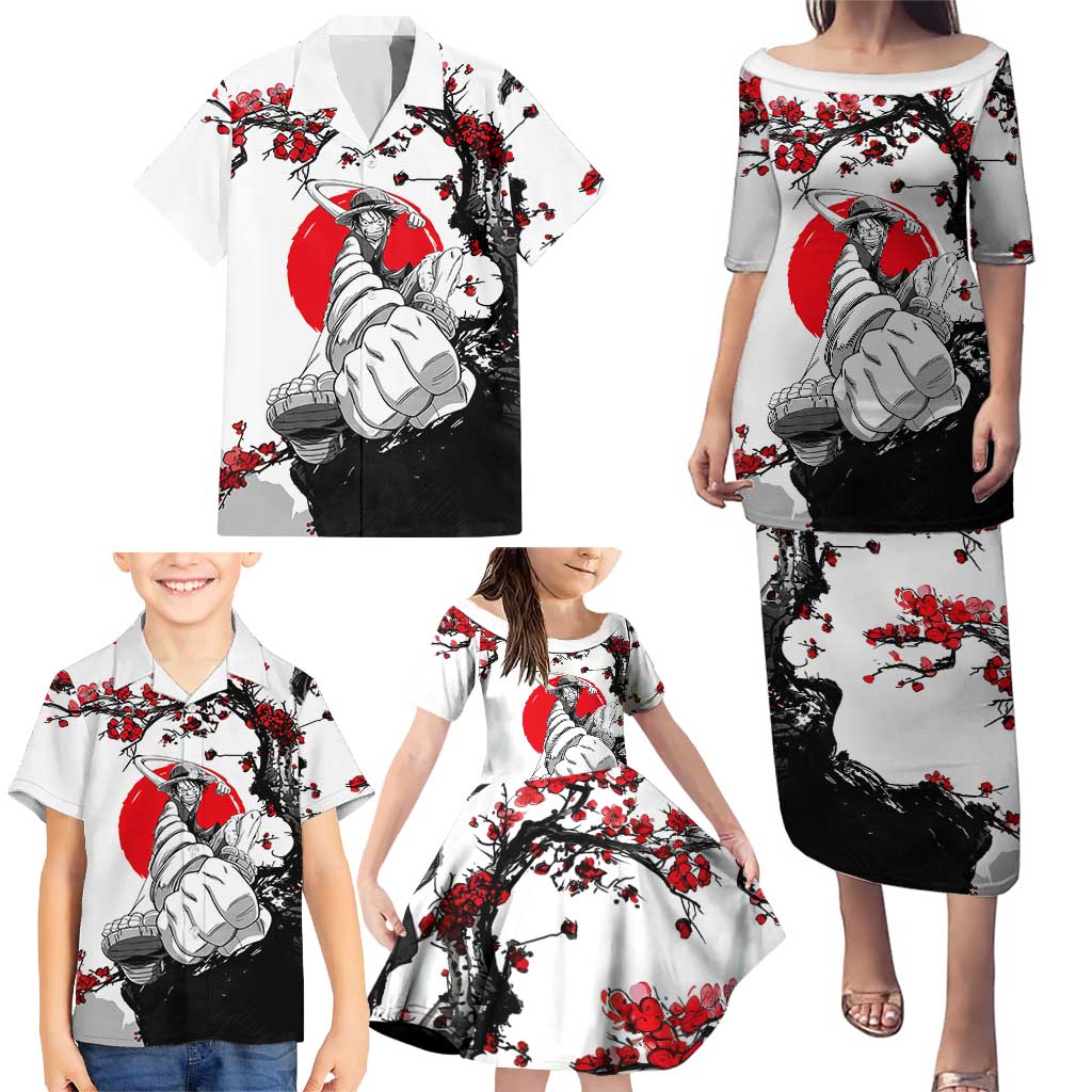 Luffy Gear 3 One Piece Anime White and Red Japanese Art Style Family Matching Puletasi and Hawaiian Shirt with Cherry Blossom Tree and Straw Hat Pirates Jolly Roger