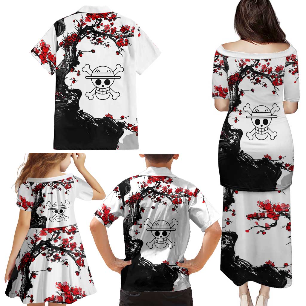 Luffy Gear 3 One Piece Anime White and Red Japanese Art Style Family Matching Puletasi and Hawaiian Shirt with Cherry Blossom Tree and Straw Hat Pirates Jolly Roger