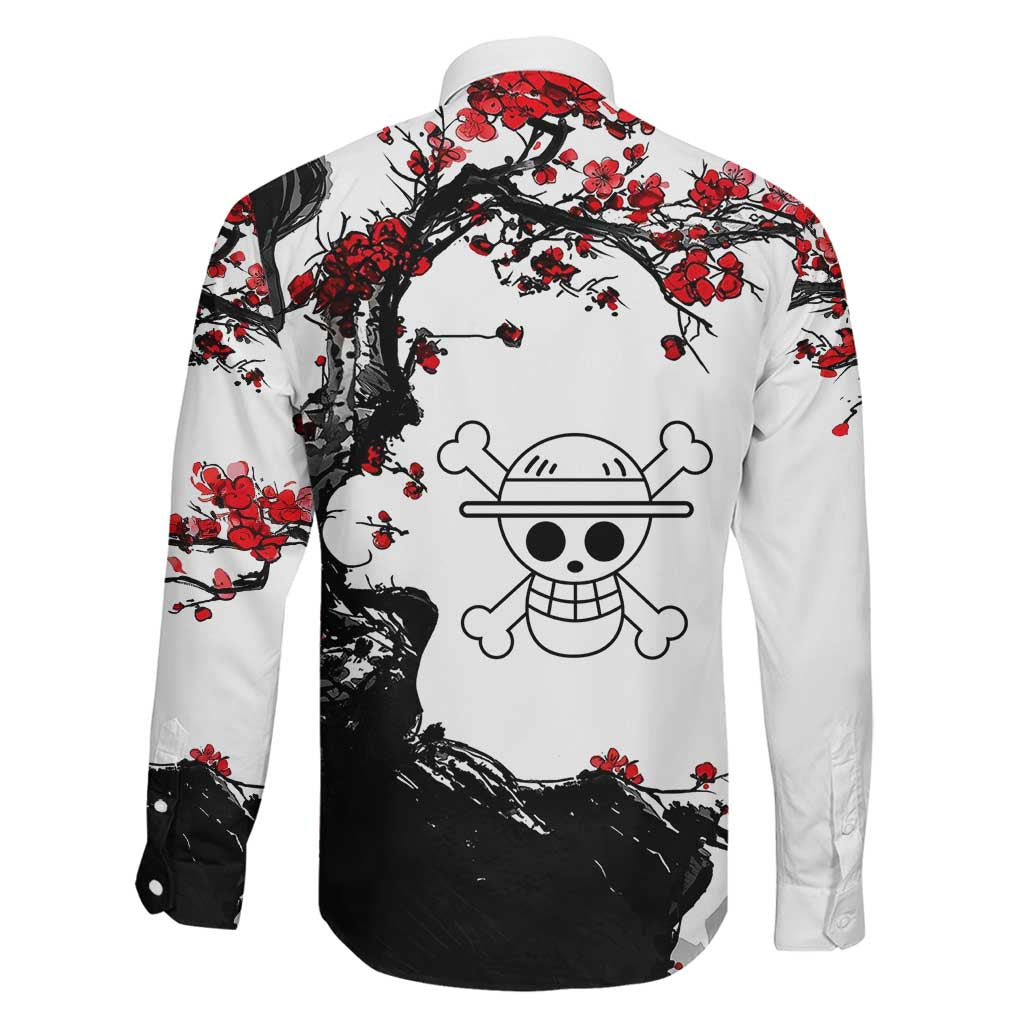 Luffy Gear 3 One Piece Anime White and Red Japanese Art Style Family Matching Puletasi and Hawaiian Shirt with Cherry Blossom Tree and Straw Hat Pirates Jolly Roger