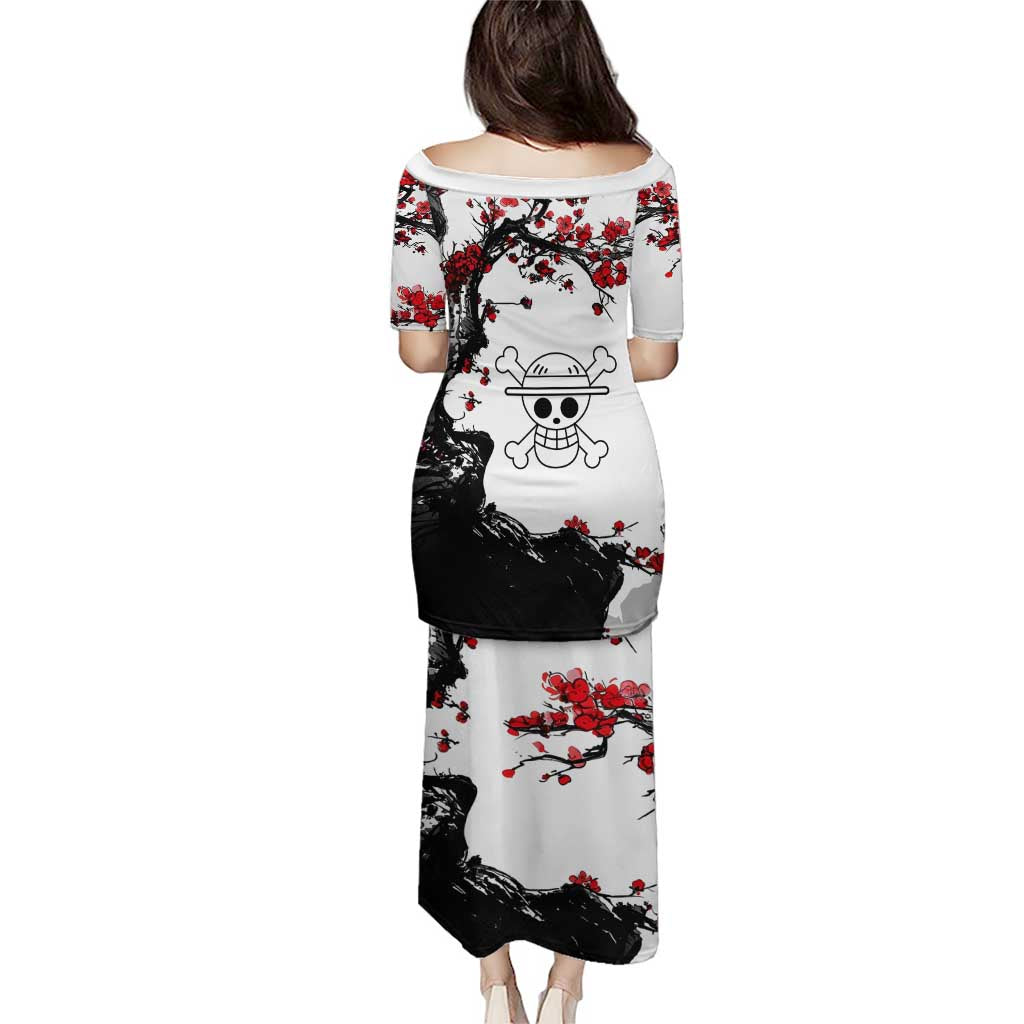 Luffy Gear 3 One Piece Anime White and Red Japanese Art Style Family Matching Puletasi and Hawaiian Shirt with Cherry Blossom Tree and Straw Hat Pirates Jolly Roger