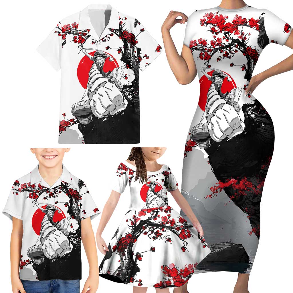 Luffy Gear 3 One Piece Anime White and Red Japanese Art Style Family Matching Short Sleeve Bodycon Dress and Hawaiian Shirt with Cherry Blossom Tree and Straw Hat Pirates Jolly Roger