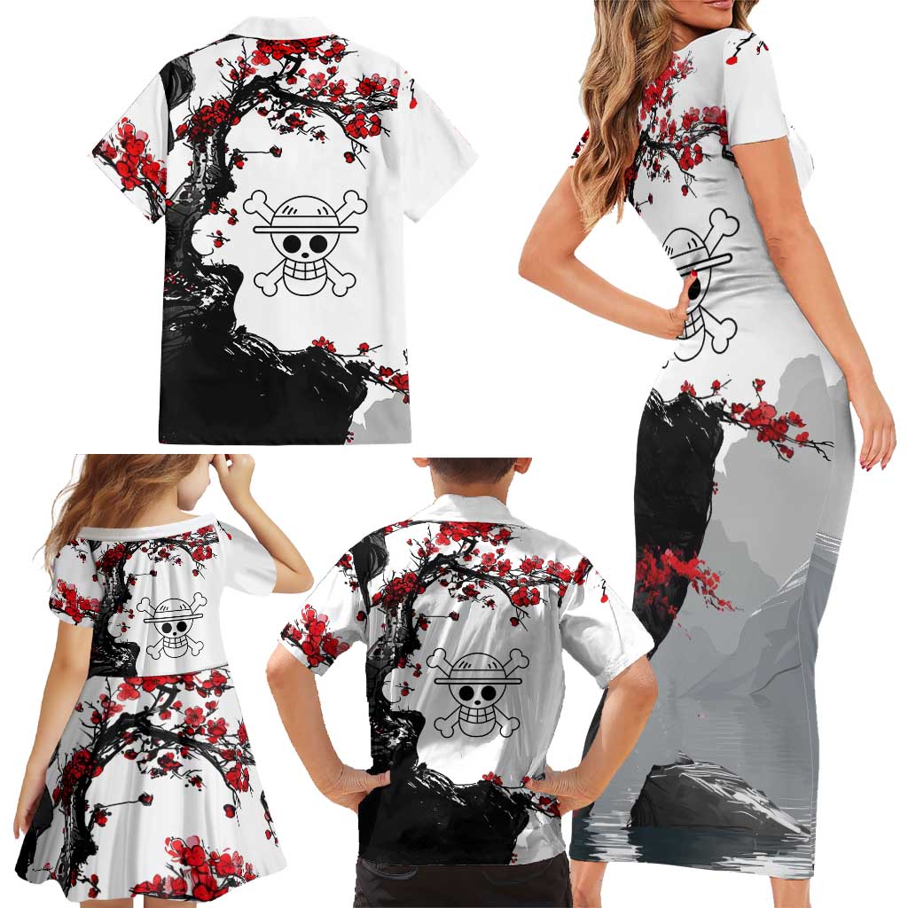 Luffy Gear 3 One Piece Anime White and Red Japanese Art Style Family Matching Short Sleeve Bodycon Dress and Hawaiian Shirt with Cherry Blossom Tree and Straw Hat Pirates Jolly Roger