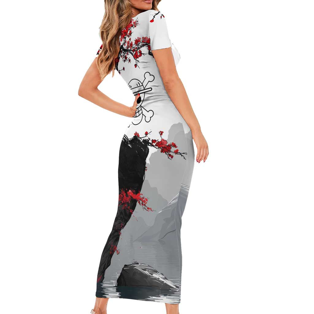 Luffy Gear 3 One Piece Anime White and Red Japanese Art Style Family Matching Short Sleeve Bodycon Dress and Hawaiian Shirt with Cherry Blossom Tree and Straw Hat Pirates Jolly Roger