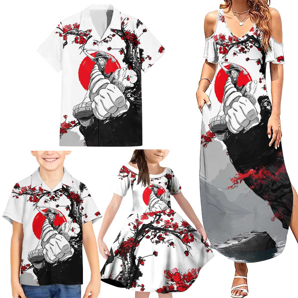Luffy Gear 3 One Piece Anime White and Red Japanese Art Style Family Matching Summer Maxi Dress and Hawaiian Shirt with Cherry Blossom Tree and Straw Hat Pirates Jolly Roger