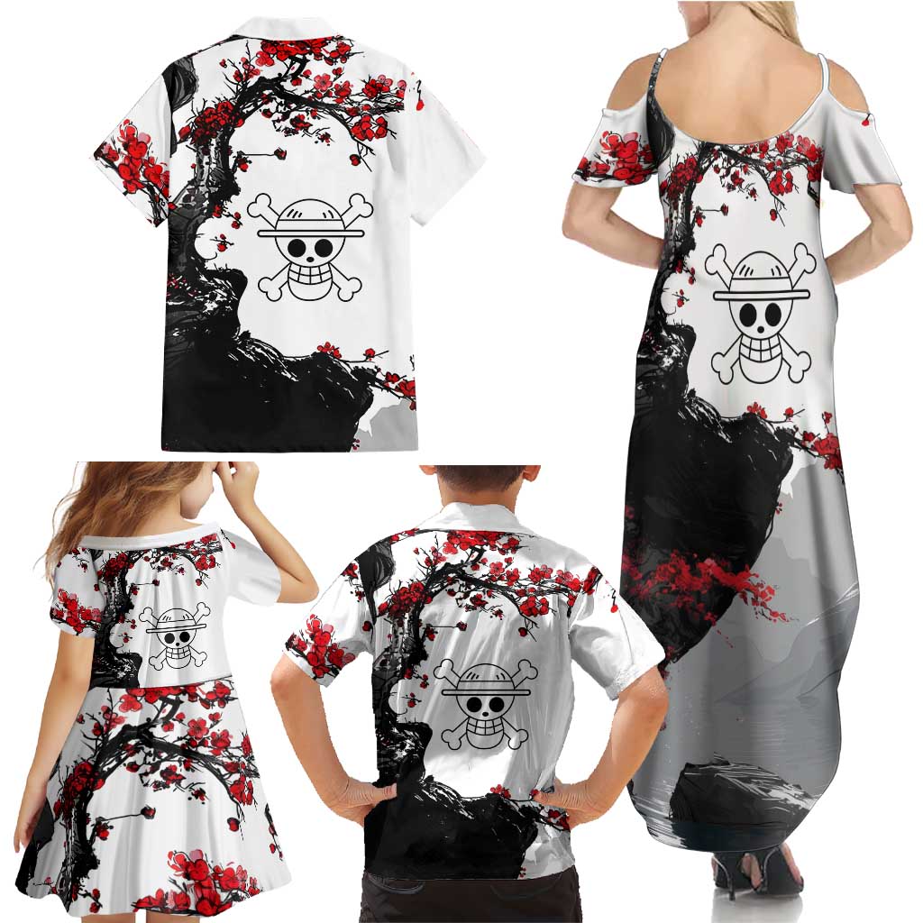 Luffy Gear 3 One Piece Anime White and Red Japanese Art Style Family Matching Summer Maxi Dress and Hawaiian Shirt with Cherry Blossom Tree and Straw Hat Pirates Jolly Roger