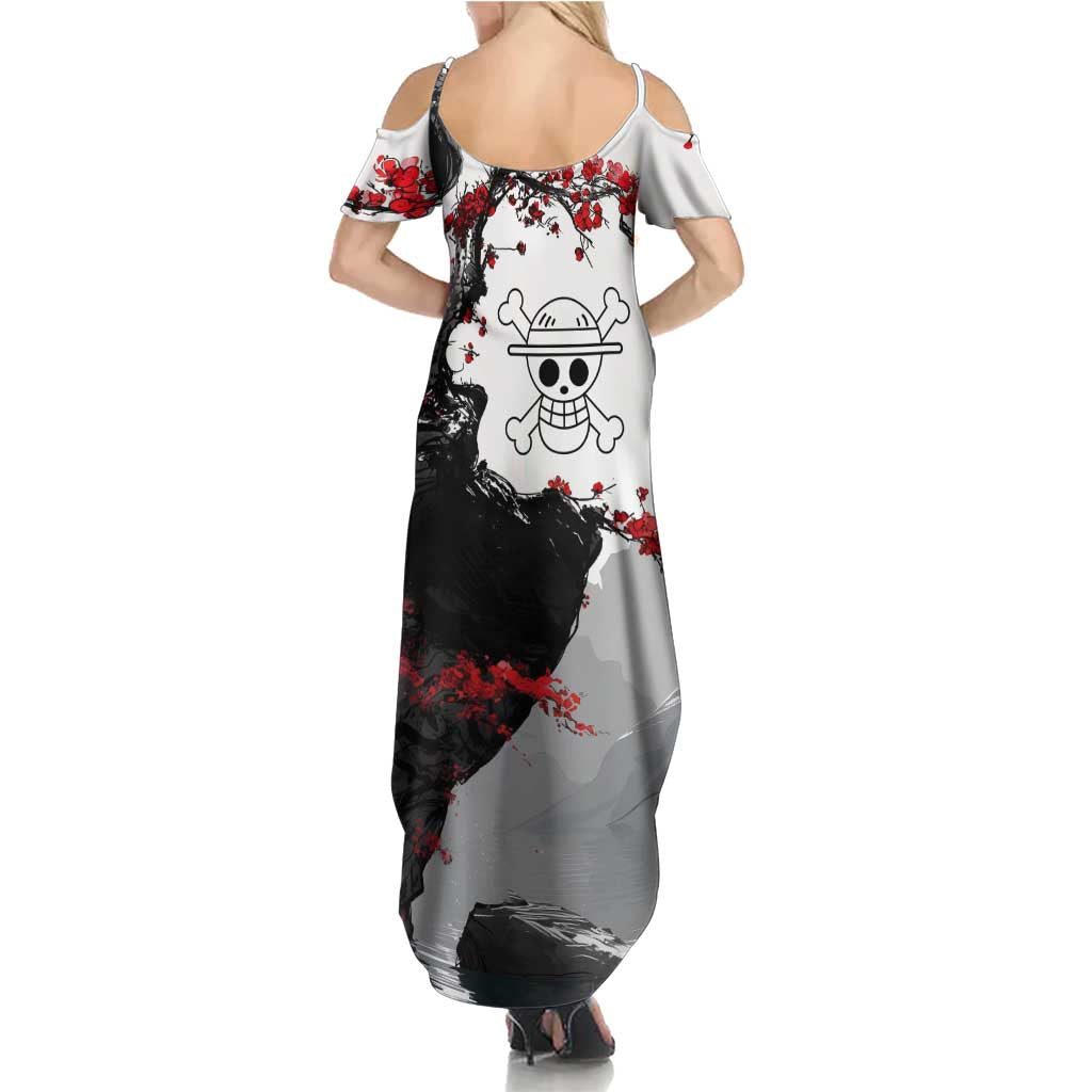 Luffy Gear 3 One Piece Anime White and Red Japanese Art Style Family Matching Summer Maxi Dress and Hawaiian Shirt with Cherry Blossom Tree and Straw Hat Pirates Jolly Roger