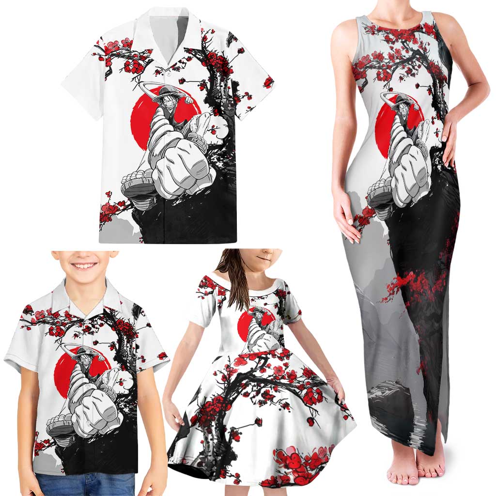 Luffy Gear 3 One Piece Anime White and Red Japanese Art Style Family Matching Tank Maxi Dress and Hawaiian Shirt with Cherry Blossom Tree and Straw Hat Pirates Jolly Roger