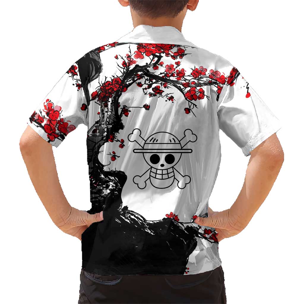 Luffy Gear 3 One Piece Anime White and Red Japanese Art Style Family Matching Tank Maxi Dress and Hawaiian Shirt with Cherry Blossom Tree and Straw Hat Pirates Jolly Roger