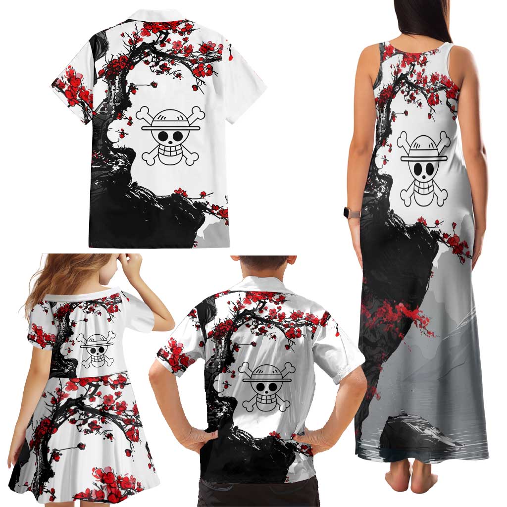 Luffy Gear 3 One Piece Anime White and Red Japanese Art Style Family Matching Tank Maxi Dress and Hawaiian Shirt with Cherry Blossom Tree and Straw Hat Pirates Jolly Roger