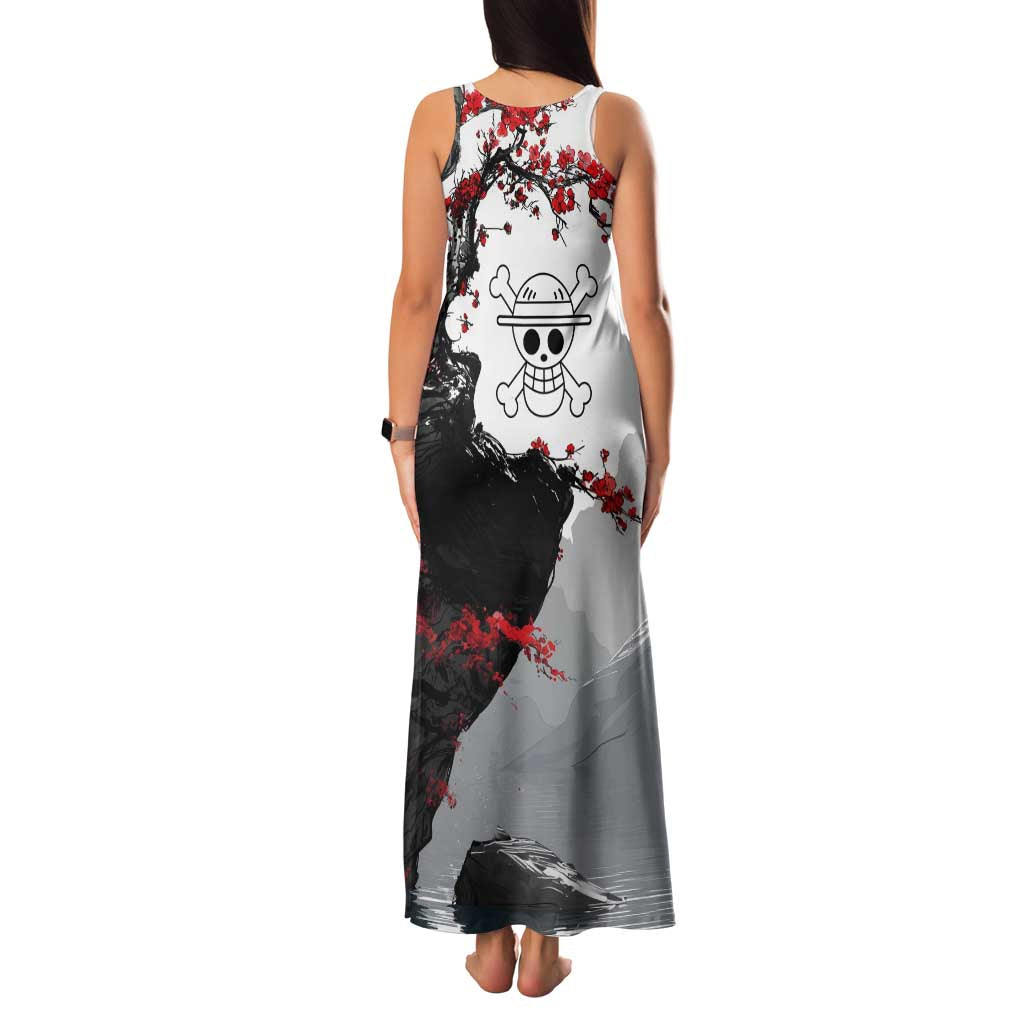 Luffy Gear 3 One Piece Anime White and Red Japanese Art Style Family Matching Tank Maxi Dress and Hawaiian Shirt with Cherry Blossom Tree and Straw Hat Pirates Jolly Roger