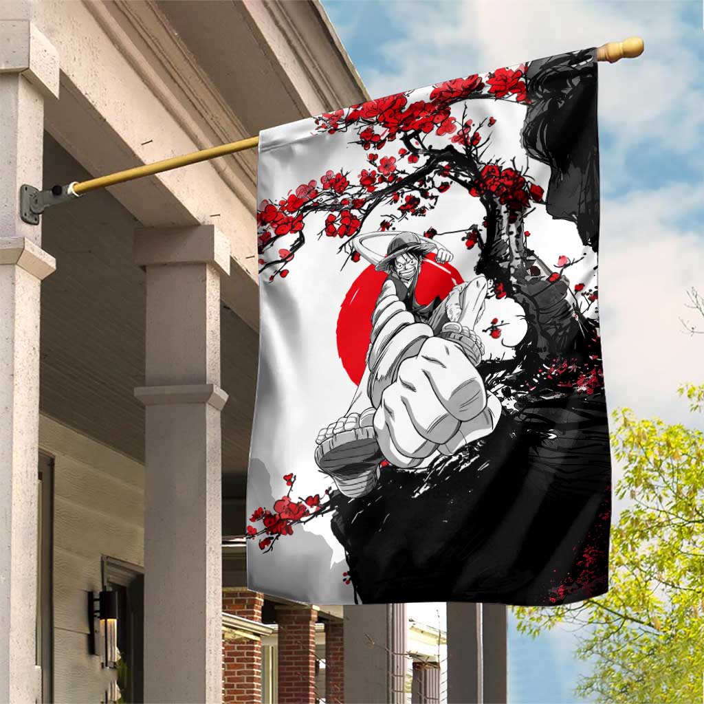 Luffy Gear 3 One Piece Anime White and Red Japanese Art Style Garden Flag with Cherry Blossom Tree and Straw Hat Pirates Jolly Roger - The Mazicc