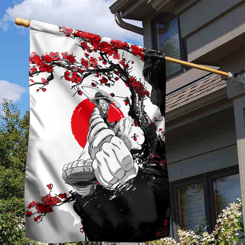 Luffy Gear 3 One Piece Anime White and Red Japanese Art Style Garden Flag with Cherry Blossom Tree and Straw Hat Pirates Jolly Roger - The Mazicc