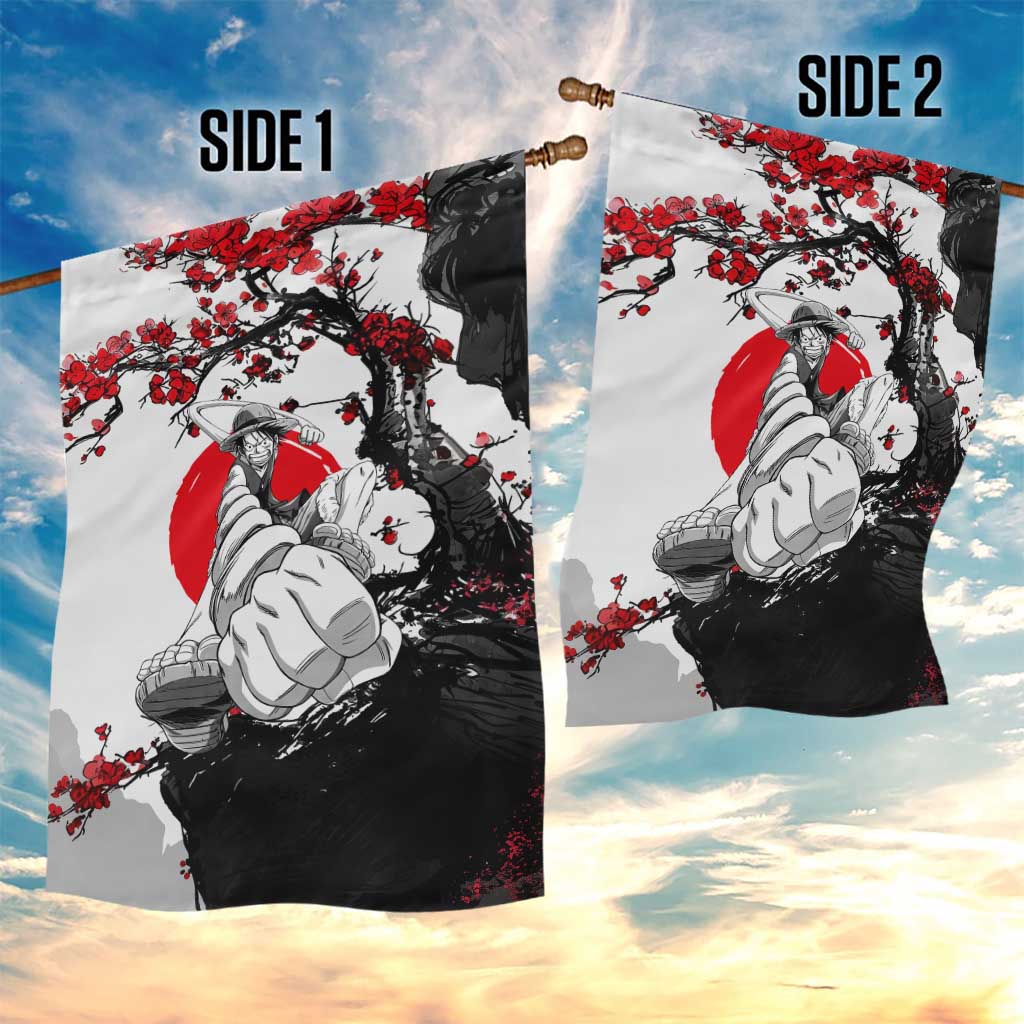 Luffy Gear 3 One Piece Anime White and Red Japanese Art Style Garden Flag with Cherry Blossom Tree and Straw Hat Pirates Jolly Roger - The Mazicc