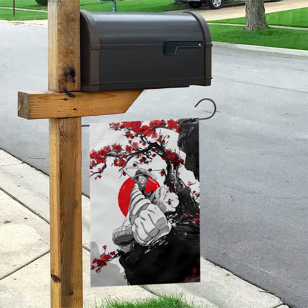 Luffy Gear 3 One Piece Anime White and Red Japanese Art Style Garden Flag with Cherry Blossom Tree and Straw Hat Pirates Jolly Roger - The Mazicc