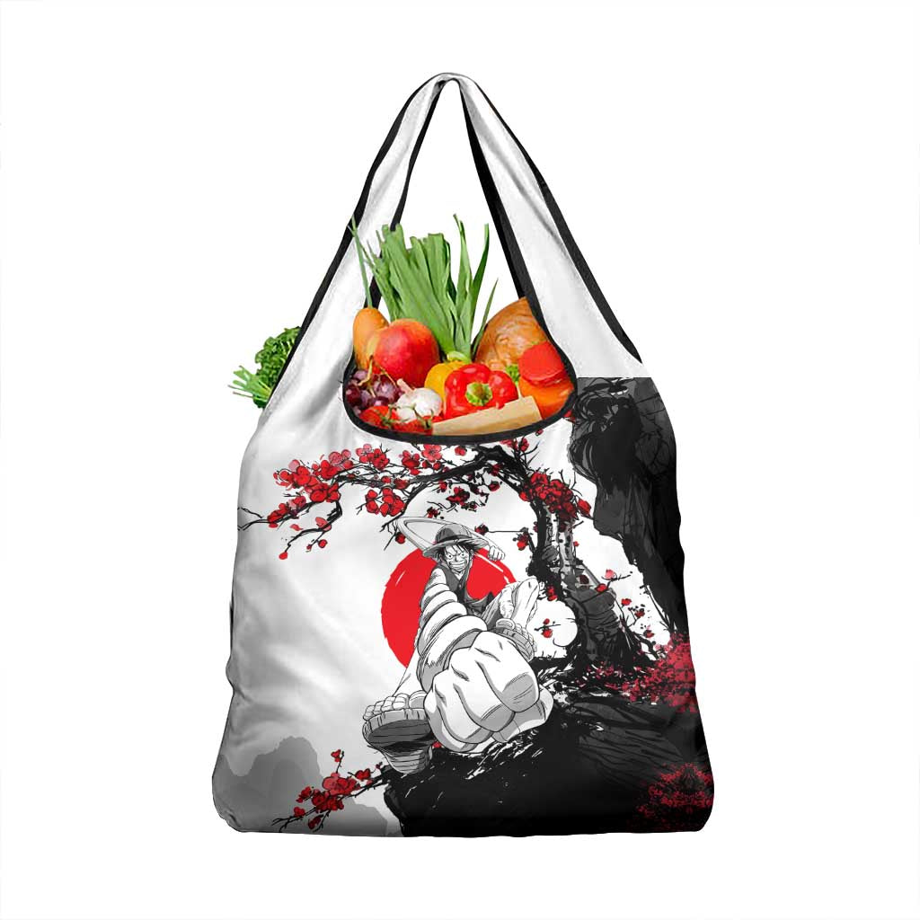 Luffy Gear 3 One Piece Anime White and Red Japanese Art Style Grocery Bag with Cherry Blossom Tree and Straw Hat Pirates Jolly Roger - The Mazicc