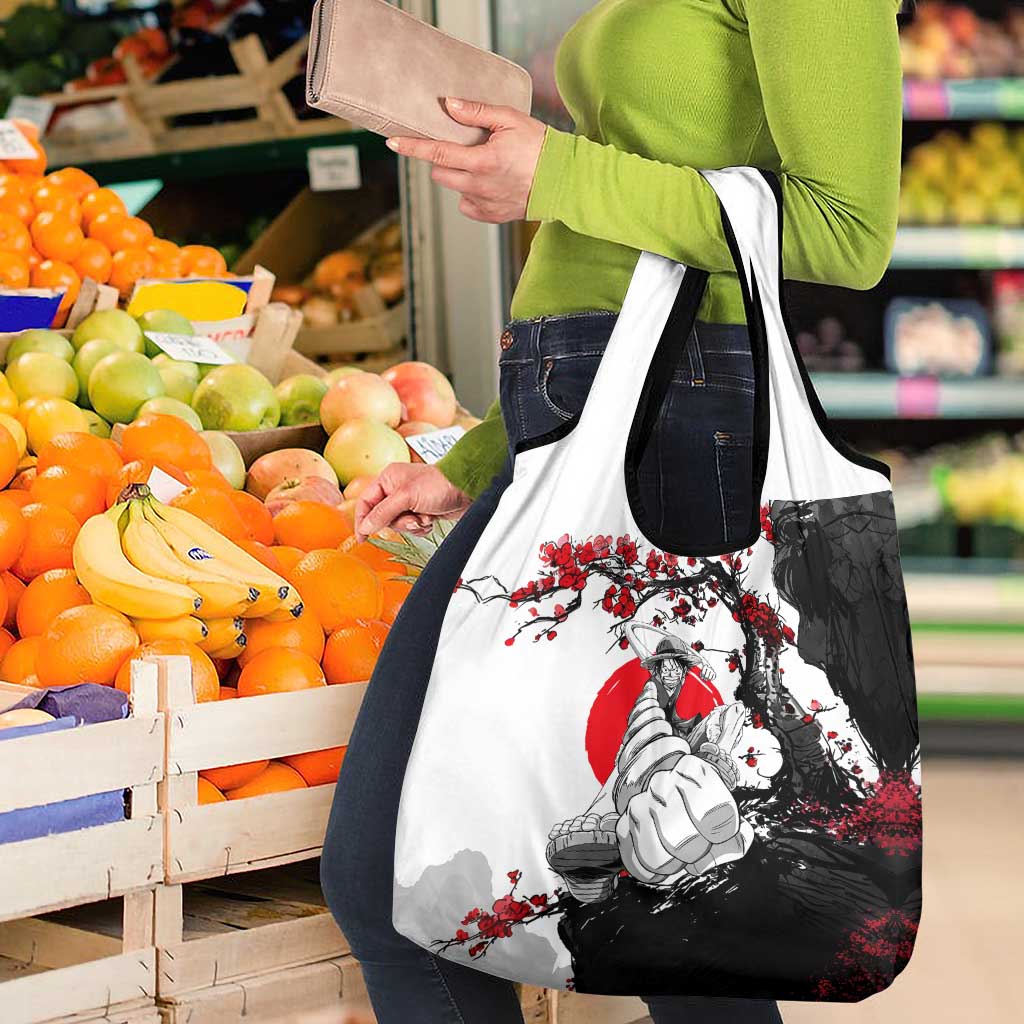 Luffy Gear 3 One Piece Anime White and Red Japanese Art Style Grocery Bag with Cherry Blossom Tree and Straw Hat Pirates Jolly Roger - The Mazicc