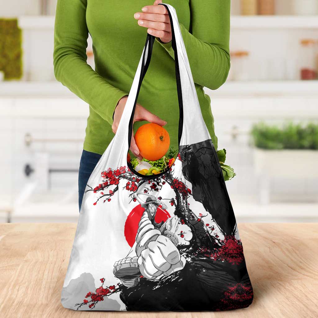 Luffy Gear 3 One Piece Anime White and Red Japanese Art Style Grocery Bag with Cherry Blossom Tree and Straw Hat Pirates Jolly Roger - The Mazicc