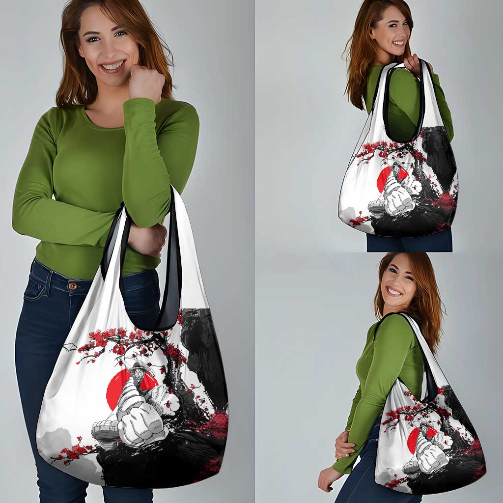 Luffy Gear 3 One Piece Anime White and Red Japanese Art Style Grocery Bag with Cherry Blossom Tree and Straw Hat Pirates Jolly Roger - The Mazicc