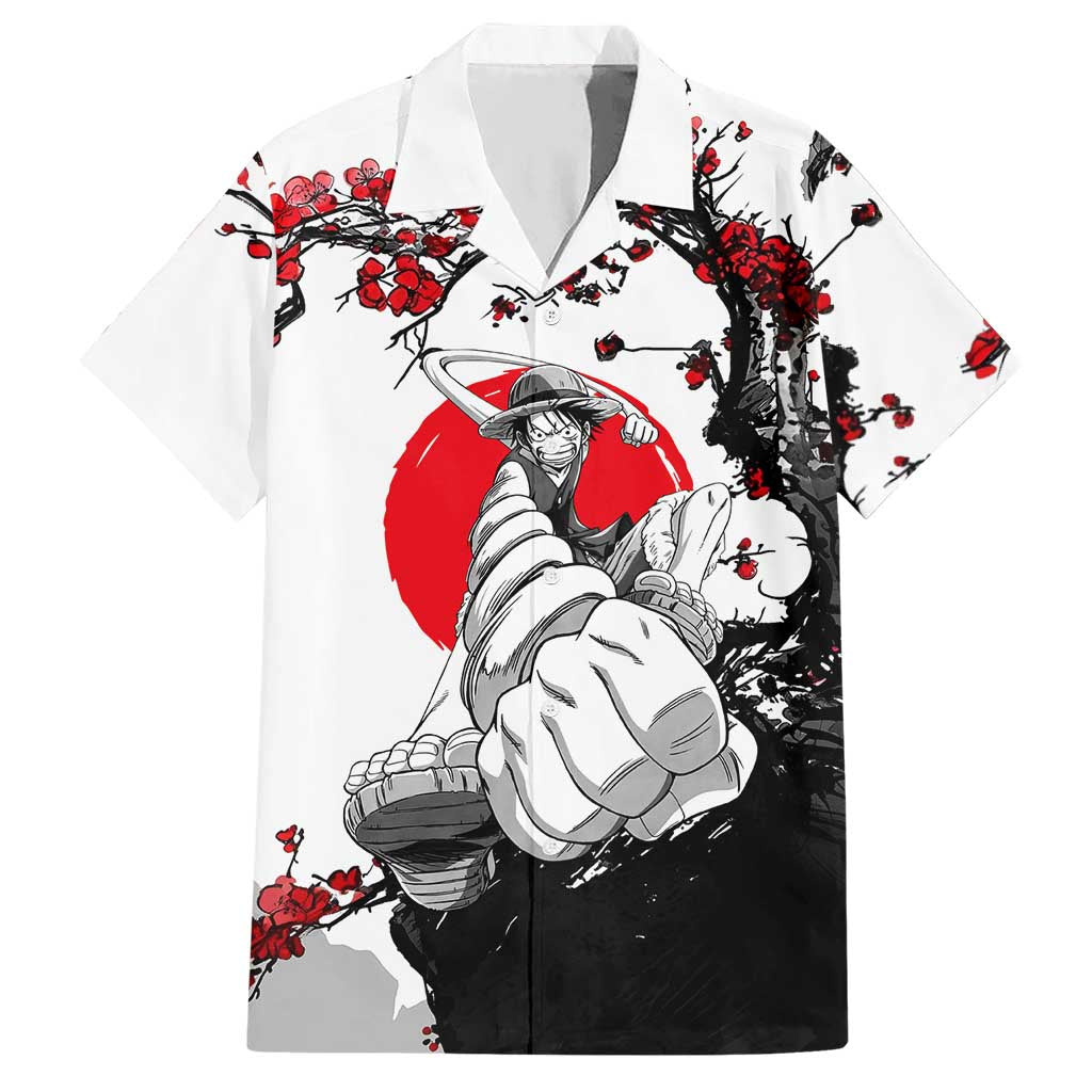 Luffy Gear 3 One Piece Anime White and Red Japanese Art Style Hawaiian Shirt with Cherry Blossom Tree and Straw Hat Pirates Jolly Roger - The Mazicc