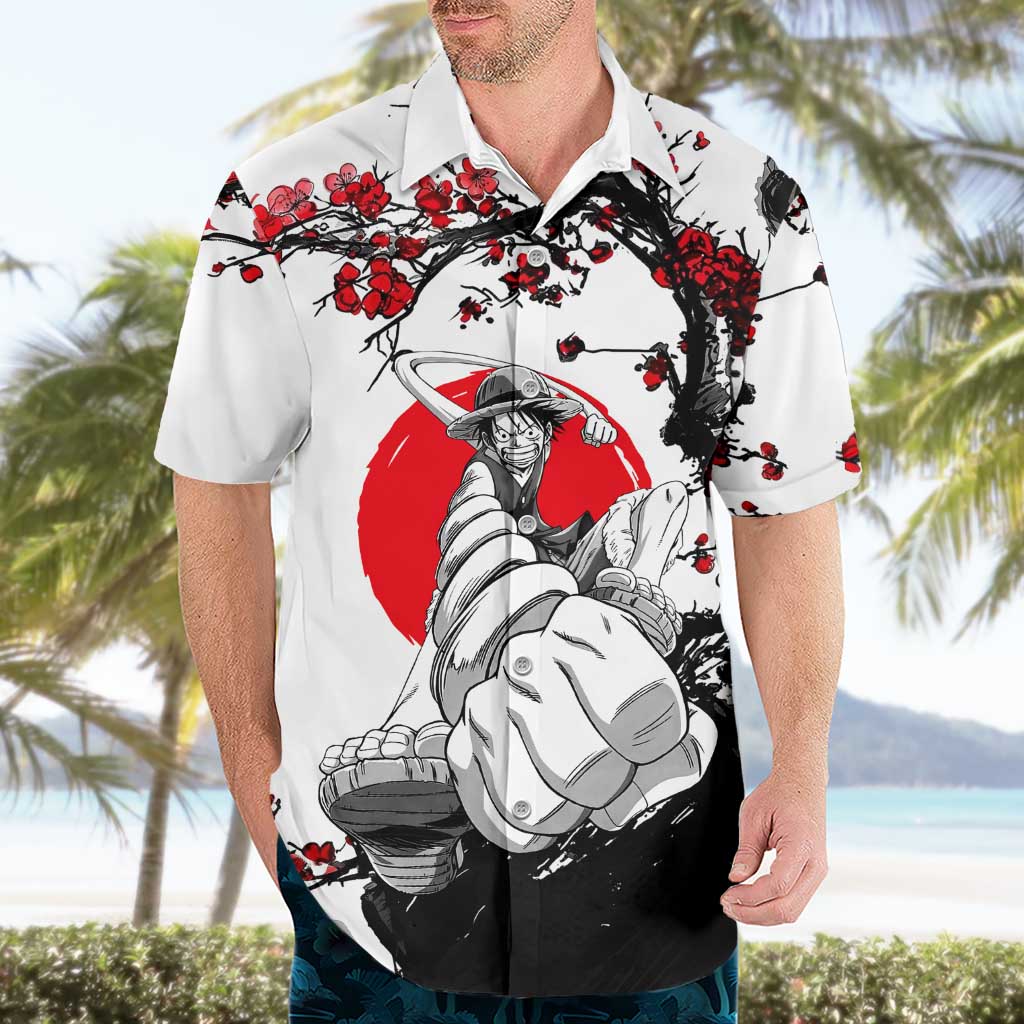 Luffy Gear 3 One Piece Anime White and Red Japanese Art Style Hawaiian Shirt with Cherry Blossom Tree and Straw Hat Pirates Jolly Roger - The Mazicc