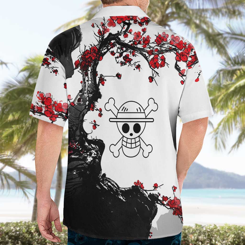 Luffy Gear 3 One Piece Anime White and Red Japanese Art Style Hawaiian Shirt with Cherry Blossom Tree and Straw Hat Pirates Jolly Roger - The Mazicc