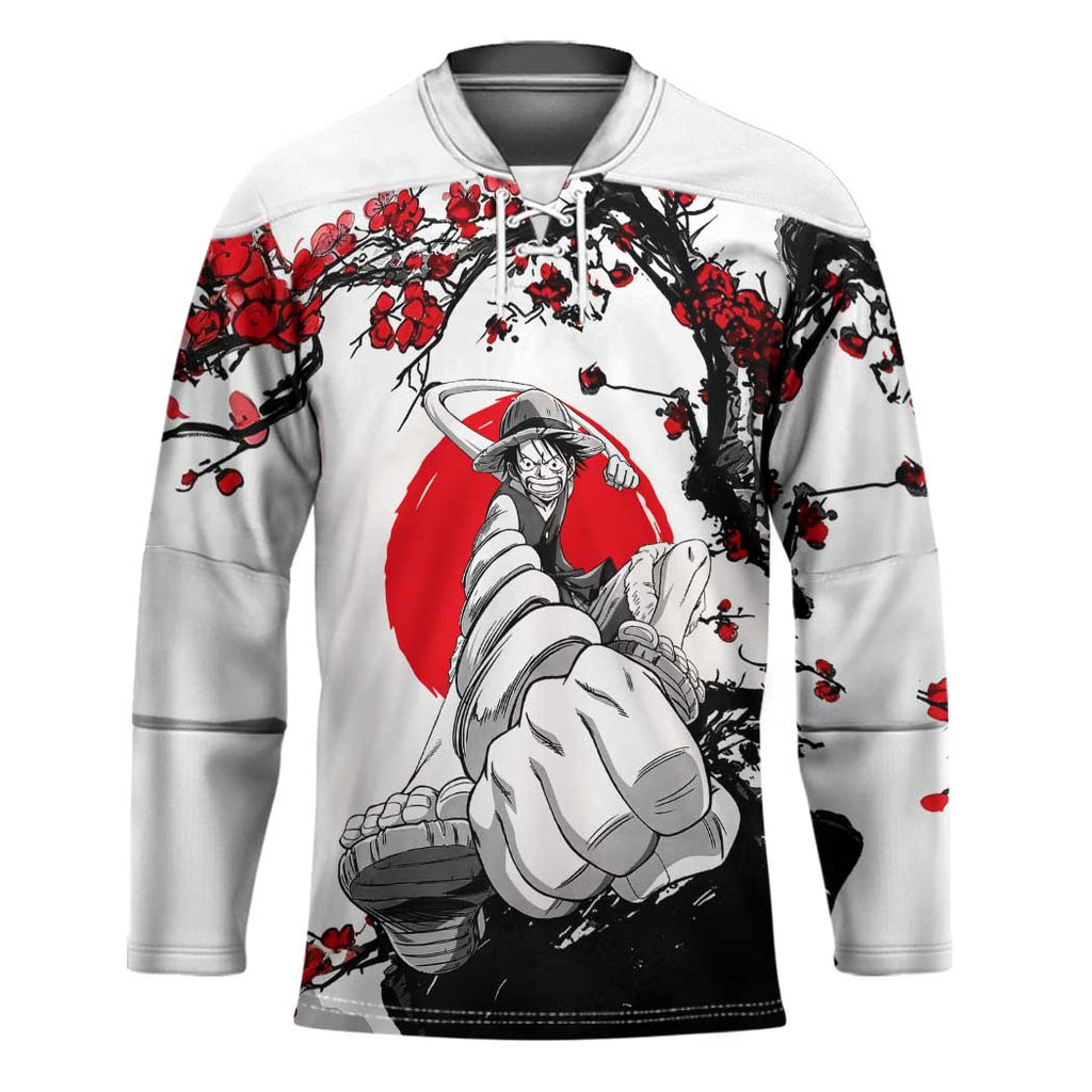 Luffy Gear 3 One Piece Anime White and Red Japanese Art Style Hockey Jersey with Cherry Blossom Tree and Straw Hat Pirates Jolly Roger - The Mazicc