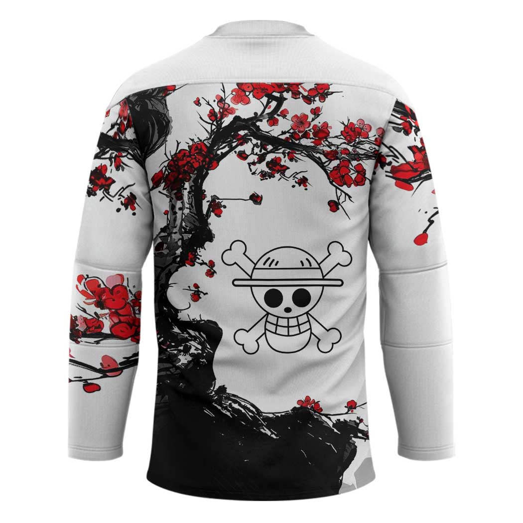 Luffy Gear 3 One Piece Anime White and Red Japanese Art Style Hockey Jersey with Cherry Blossom Tree and Straw Hat Pirates Jolly Roger - The Mazicc