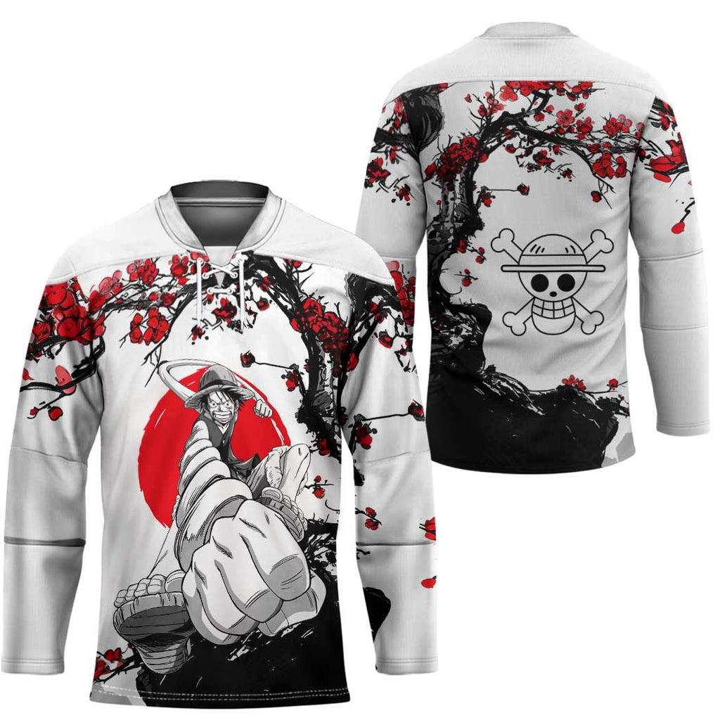 Luffy Gear 3 One Piece Anime White and Red Japanese Art Style Hockey Jersey with Cherry Blossom Tree and Straw Hat Pirates Jolly Roger - The Mazicc