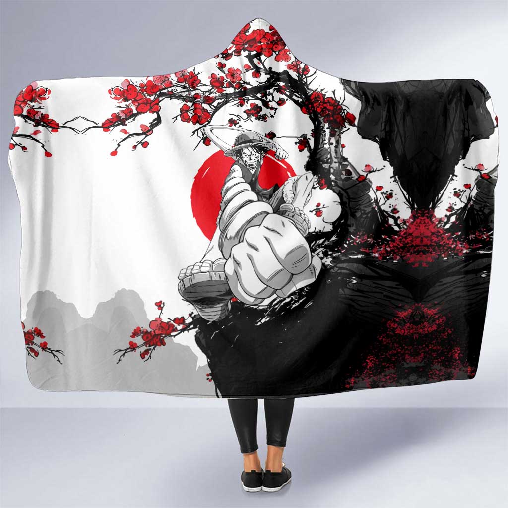 Luffy Gear 3 One Piece Anime White and Red Japanese Art Style Hooded Blanket with Cherry Blossom Tree and Straw Hat Pirates Jolly Roger - The Mazicc