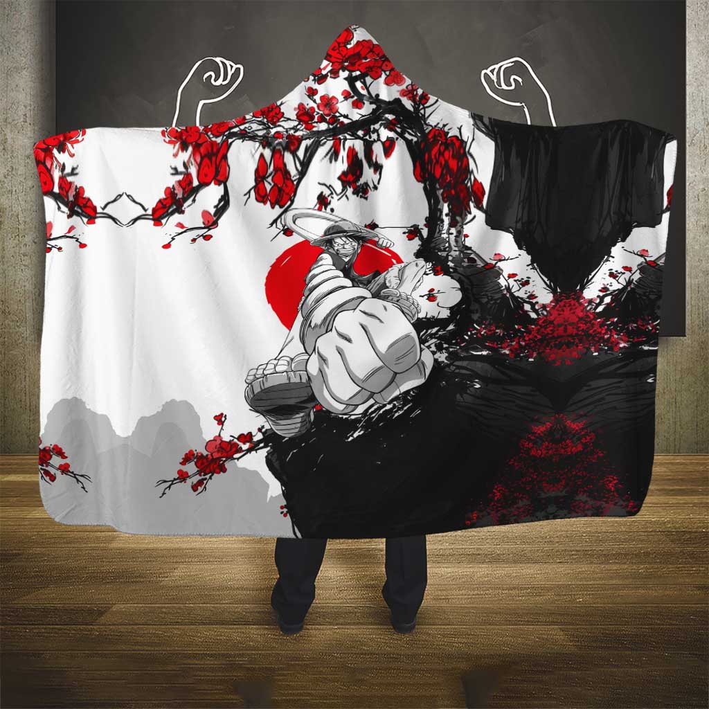 Luffy Gear 3 One Piece Anime White and Red Japanese Art Style Hooded Blanket with Cherry Blossom Tree and Straw Hat Pirates Jolly Roger - The Mazicc