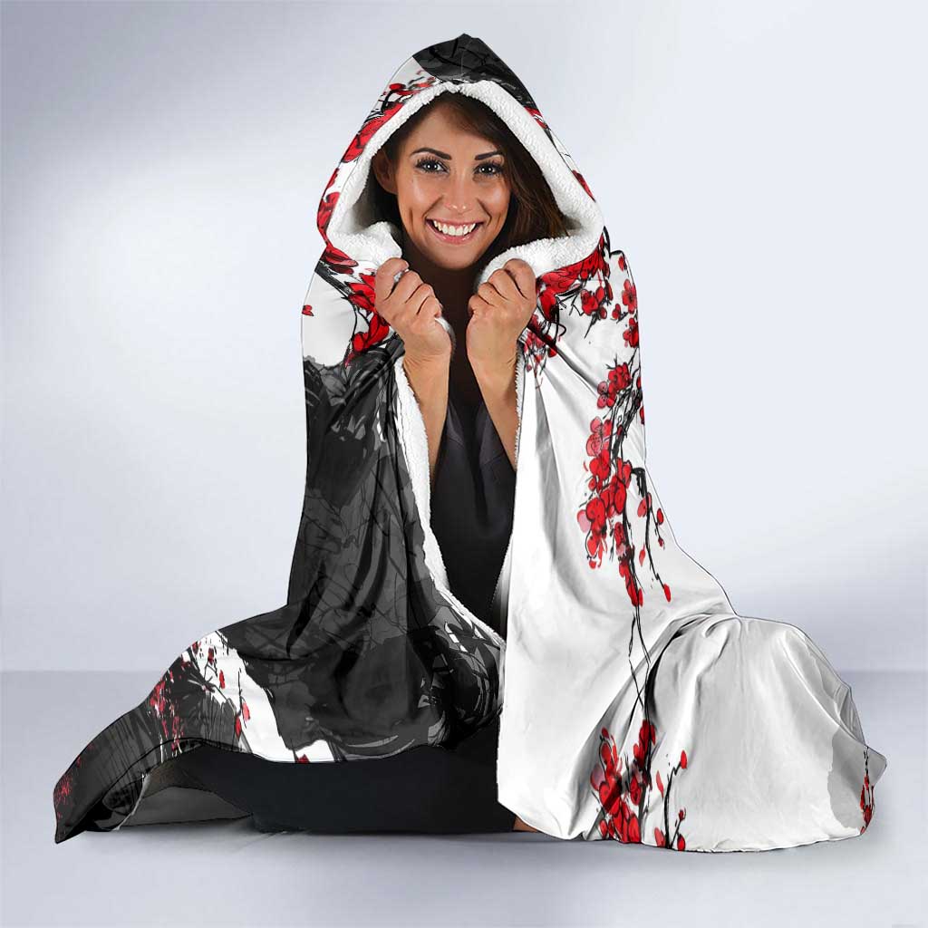 Luffy Gear 3 One Piece Anime White and Red Japanese Art Style Hooded Blanket with Cherry Blossom Tree and Straw Hat Pirates Jolly Roger - The Mazicc