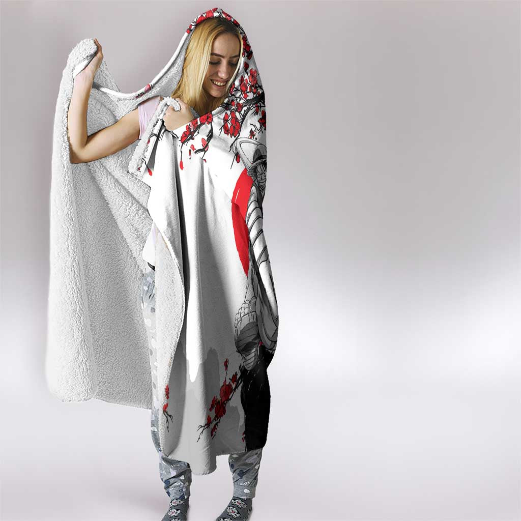 Luffy Gear 3 One Piece Anime White and Red Japanese Art Style Hooded Blanket with Cherry Blossom Tree and Straw Hat Pirates Jolly Roger - The Mazicc