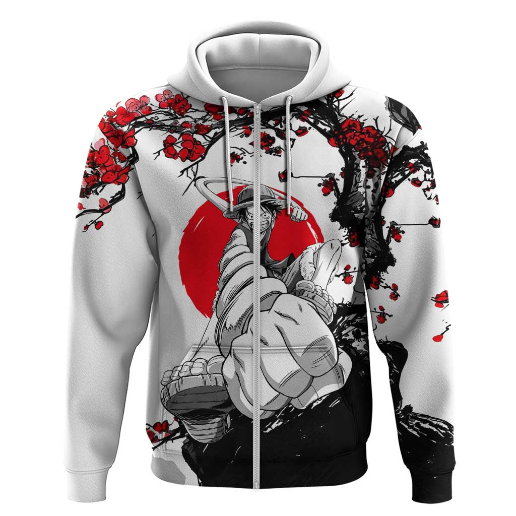 Luffy Gear 3 One Piece Anime White and Red Japanese Art Style Hoodie with Cherry Blossom Tree and Straw Hat Pirates Jolly Roger - The Mazicc