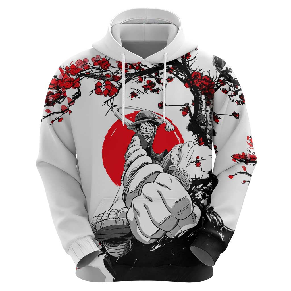 Luffy Gear 3 One Piece Anime White and Red Japanese Art Style Hoodie with Cherry Blossom Tree and Straw Hat Pirates Jolly Roger - The Mazicc