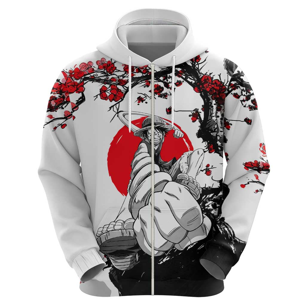 Luffy Gear 3 One Piece Anime White and Red Japanese Art Style Hoodie with Cherry Blossom Tree and Straw Hat Pirates Jolly Roger - The Mazicc