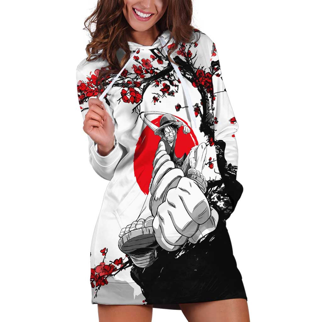 Luffy Gear 3 One Piece Anime White and Red Japanese Art Style Hoodie Dress with Cherry Blossom Tree and Straw Hat Pirates Jolly Roger - The Mazicc