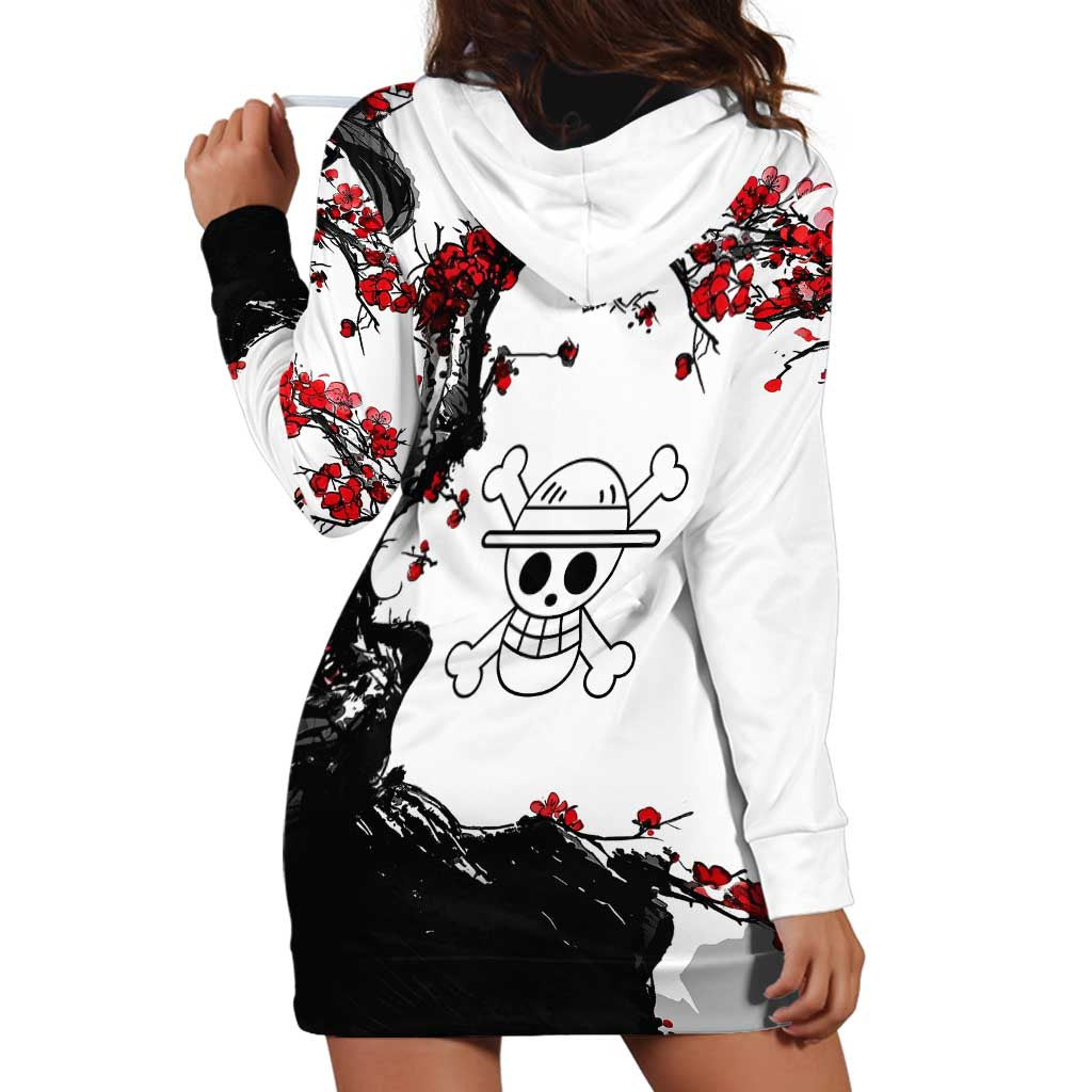 Luffy Gear 3 One Piece Anime White and Red Japanese Art Style Hoodie Dress with Cherry Blossom Tree and Straw Hat Pirates Jolly Roger - The Mazicc