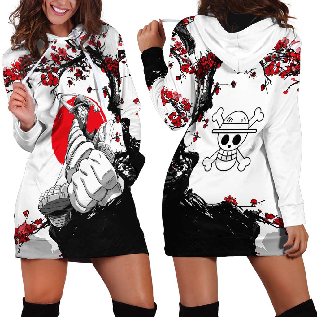 Luffy Gear 3 One Piece Anime White and Red Japanese Art Style Hoodie Dress with Cherry Blossom Tree and Straw Hat Pirates Jolly Roger - The Mazicc