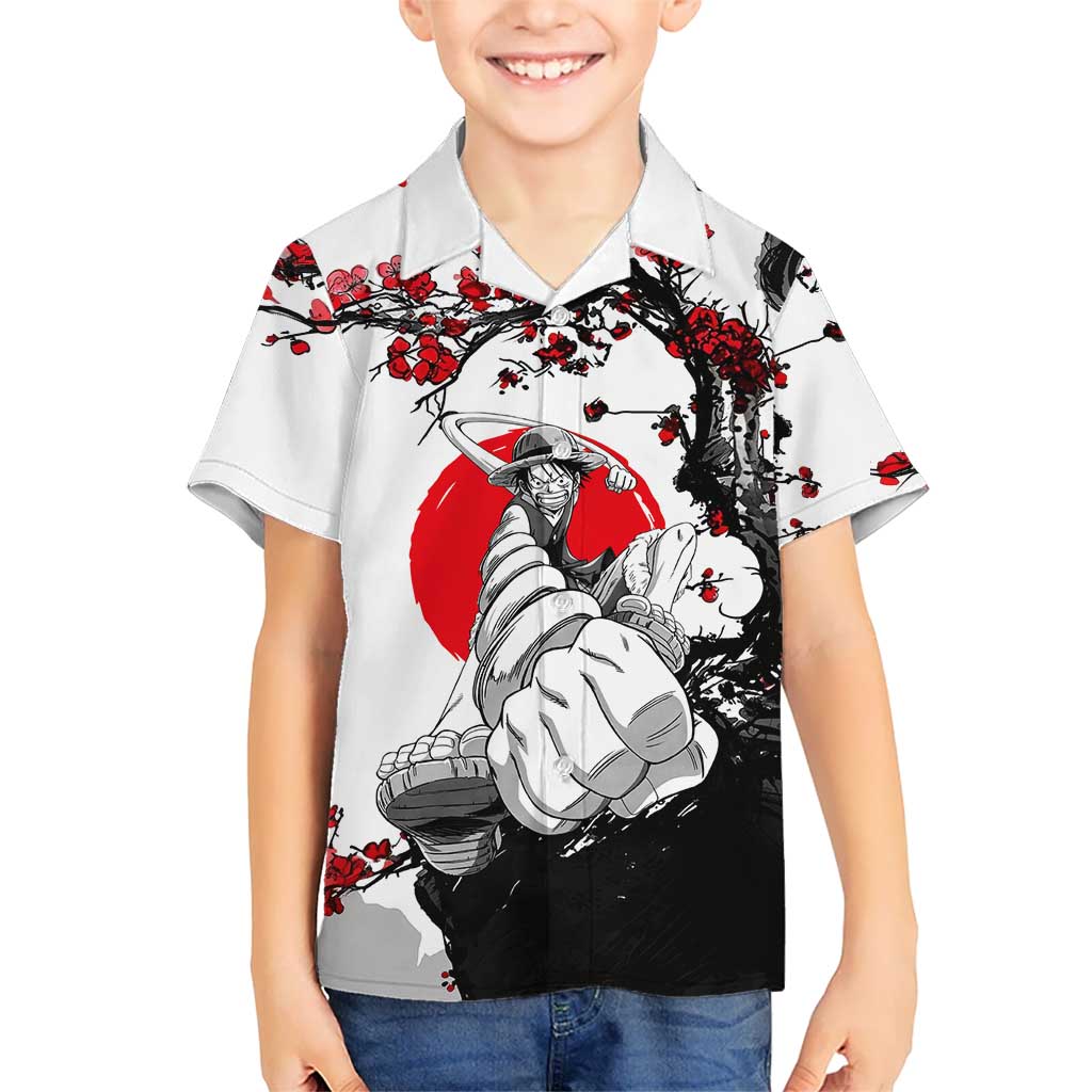 Luffy Gear 3 One Piece Anime White and Red Japanese Art Style Kid Hawaiian Shirt with Cherry Blossom Tree and Straw Hat Pirates Jolly Roger - The Mazicc