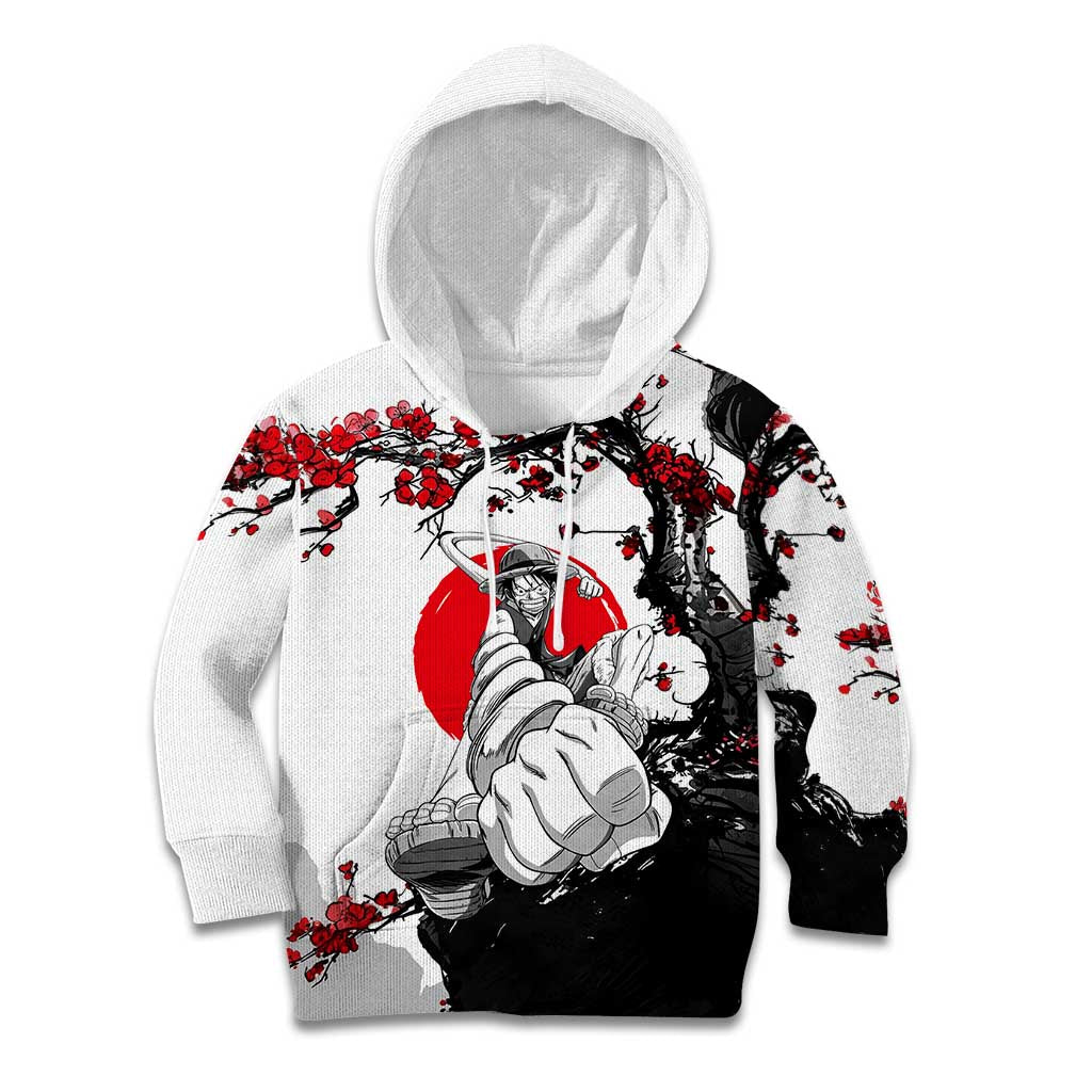 Luffy Gear 3 One Piece Anime White and Red Japanese Art Style Kid Hoodie with Cherry Blossom Tree and Straw Hat Pirates Jolly Roger - The Mazicc