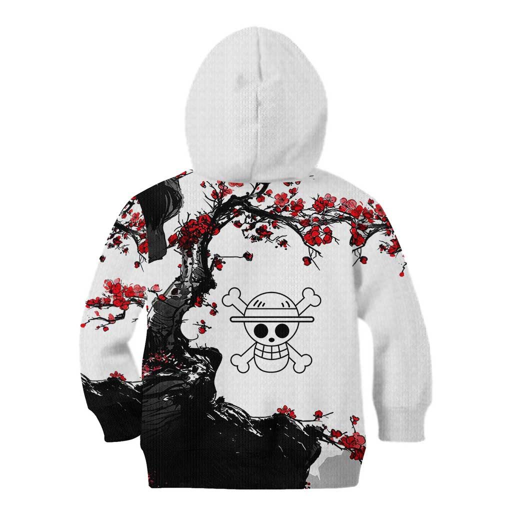 Luffy Gear 3 One Piece Anime White and Red Japanese Art Style Kid Hoodie with Cherry Blossom Tree and Straw Hat Pirates Jolly Roger - The Mazicc