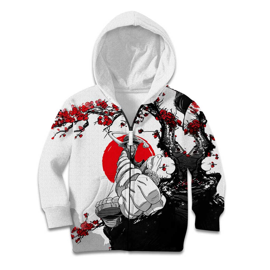 Luffy Gear 3 One Piece Anime White and Red Japanese Art Style Kid Hoodie with Cherry Blossom Tree and Straw Hat Pirates Jolly Roger - The Mazicc